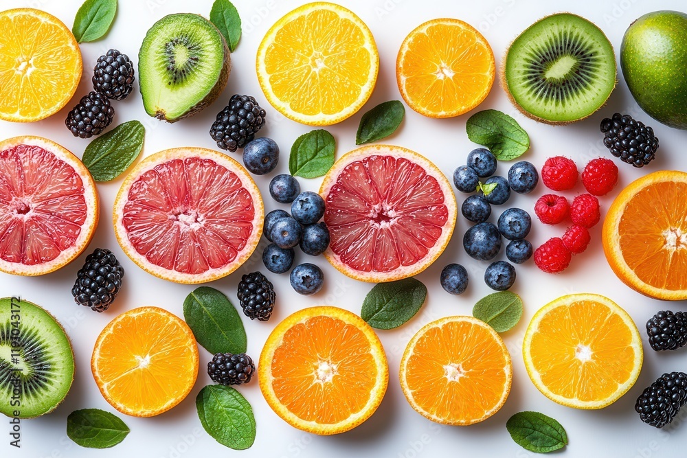 Colorful arrangement of fresh fruits and berries on a white background showcasing vibrant natural flavors Colorful arrangement of fresh fruits and berries on a white background showcasing vibrant natural flavors