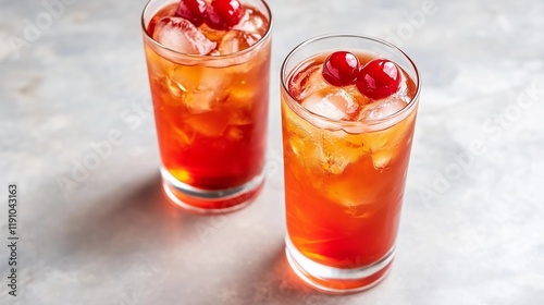 Wallpaper Mural A photo of two cherry amaretto and ginger ale mocktails in tall glasses, with ice cubes, on a light gray background. The drinks are vibrant red from the sweet syrups, with an illuminated cherry Torontodigital.ca