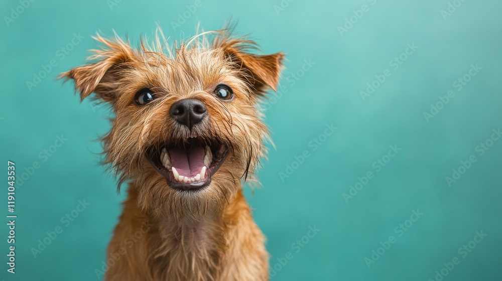 Playful Border Terrier Enjoying the Breeze on Turquoise Background Playful Border Terrier Enjoying the Breeze on Turquoise Background