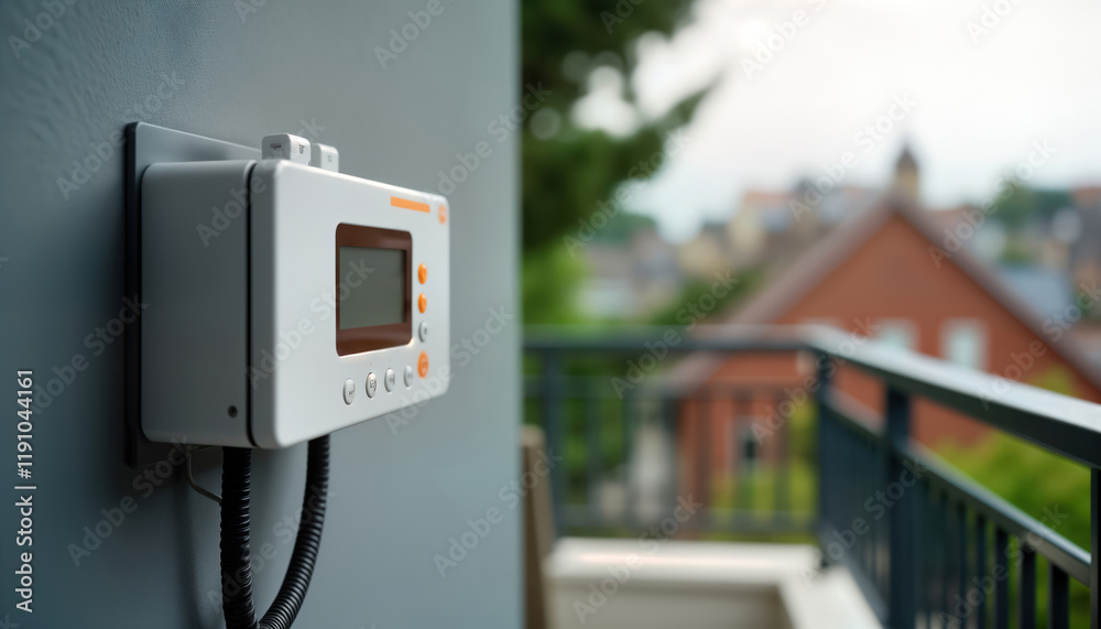 White box with digital screen mounted on grey wall. Modern tech equipment with orange buttons. Outdoor view. Exterior home installation. Smart home tech. Smart home energy control system. Digital White box with digital screen mounted on grey wall. Modern tech equipment with orange buttons. Outdoor view. Exterior home installation. Smart home tech. Smart home energy control system. Digital