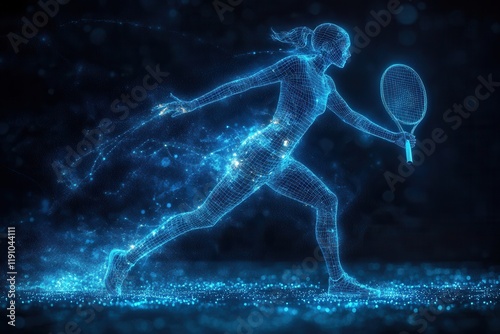 Dynamic tennis player showcased in a digital hologram design demonstrating agility and skill on the court