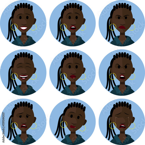 character in 9 different facial expressions - black woman