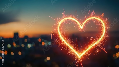 Valentine's day theme background. A glowing heart shape created with sparklers against a twilight background, symbolizing love and celebration.