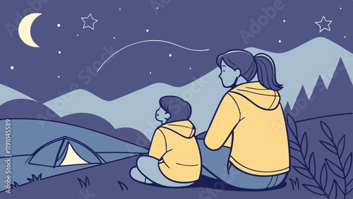 Stargazing Camp: Mother and Child Enjoying Starry Night. Perfect for: Camping Trips, Stargazing Nights, Summer Outdoors