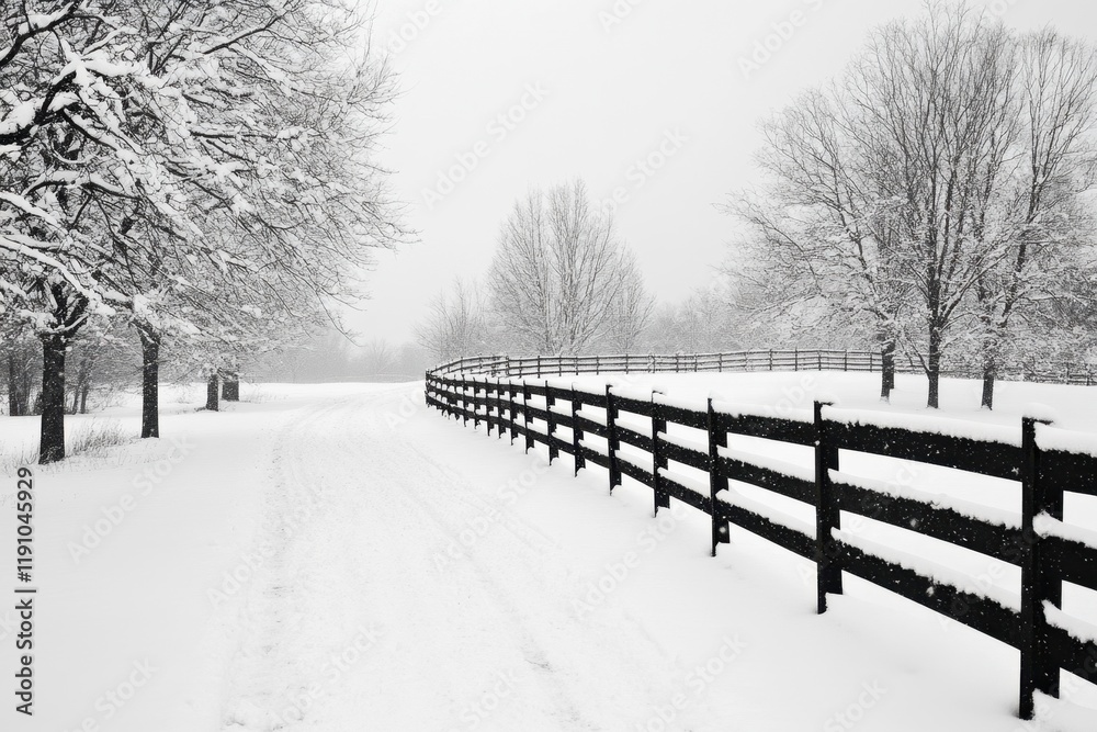 Serene Winter Landscape with Snow-Covered Trees and Fenced Pathway Under Soft Gray Sky in Tranquil Rural Setting Serene Winter Landscape with Snow-Covered Trees and Fenced Pathway Under Soft Gray Sky in Tranquil Rural Setting