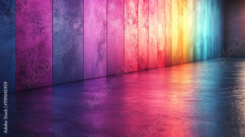 This vibrant abstract design features a striking metal texture, showcasing empty spaces filled with hot pink, electric blue, and neon green colors in a lively 3D illustration