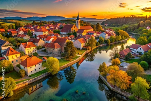 Slovenia Kostanjevica na Krki: Aerial View of Historic Town & River at Sunset - Long Exposure Photography photo