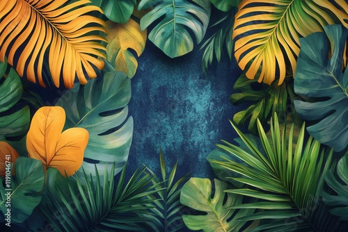 Vibrant tropical leaves creating a lush border around a dark textured background in a nature-inspired design photo