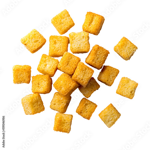 Crispy golden squares of savory cornbread or croutons arranged in a minimalist pattern on a white background