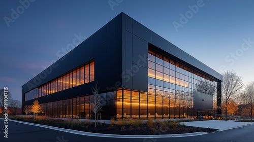 Modern data center building illuminated by twilight in urban landscape