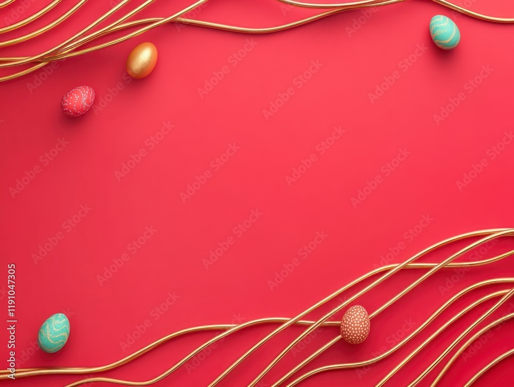 Vibrant Red Background with Minimalist Gold Frame and Colorful Easter Eggs for Chinese New Year Celebrations and Festive Occasions Vibrant Red Background with Minimalist Gold Frame and Colorful Easter Eggs for Chinese New Year Celebrations and Festive Occasions