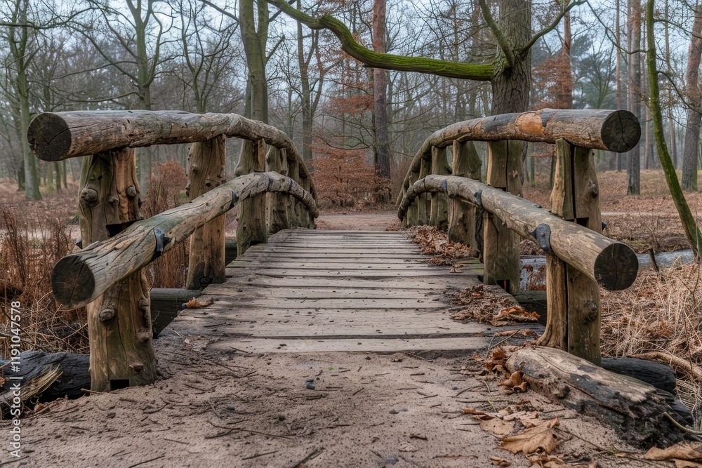 Fototapeta premium Charming wooden bridge surrounded by vibrant foliage in a serene and picturesque forest setting