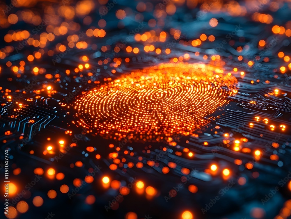 Digital Fingerprint Surrounded by Glowing Circuits and Security Layers Symbolizing Fraud Prevention and Identity Protection Digital Fingerprint Surrounded by Glowing Circuits and Security Layers Symbolizing Fraud Prevention and Identity Protection