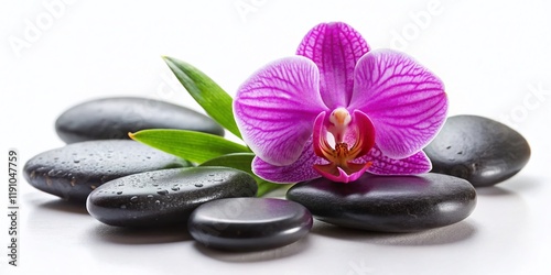 Smooth Hot Basalt Massage Stones with Orchid Flower on White - Spa Wellness Therapy