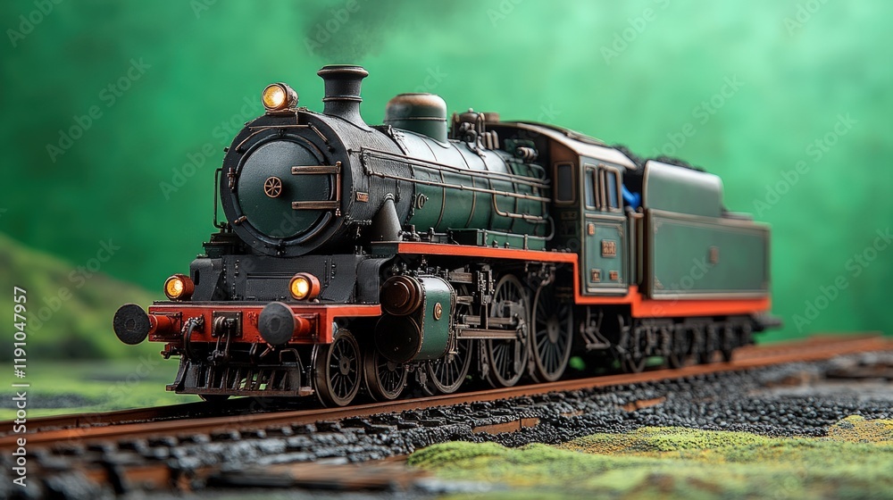 Fototapeta premium Green steam locomotive model on tracks.