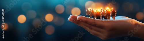Hand holding miniature people under spotlight, representing support and guidance.