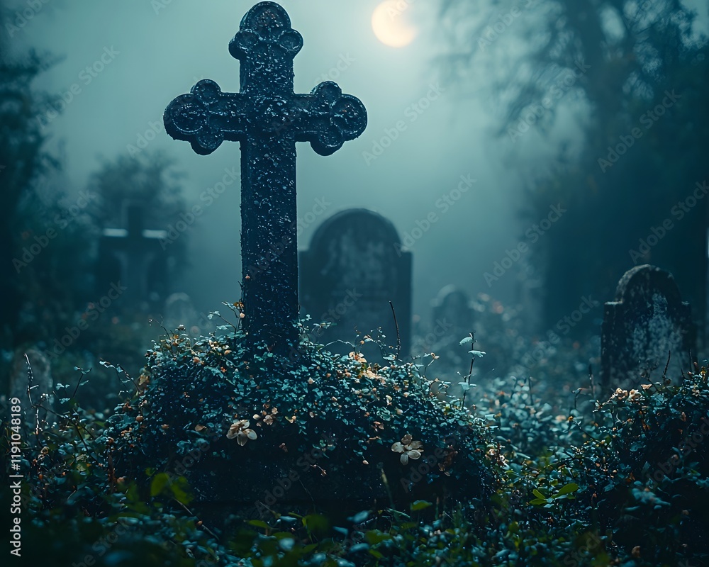 Naklejka premium Gothic Iron Cross Shrouded in Ivy Under Eerie Moonlight in Old Cemetery Landscape