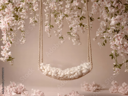 Empty newborn digital swing background hanging decorated with white flowers