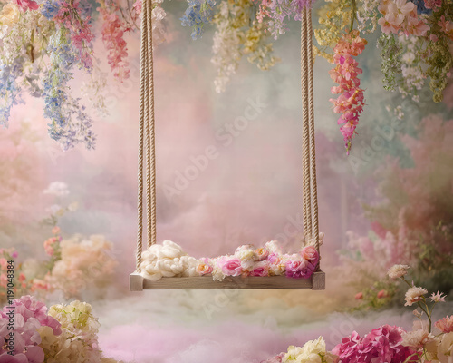 Empty newborn digital swing background hanging decorated with flowers