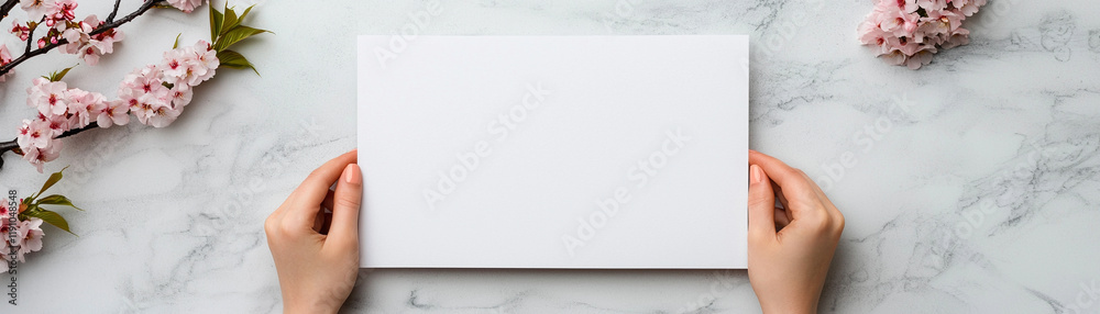 Hands holding empty white paper sheet on marble background with flowers. Hands holding empty white paper sheet on marble background with flowers.