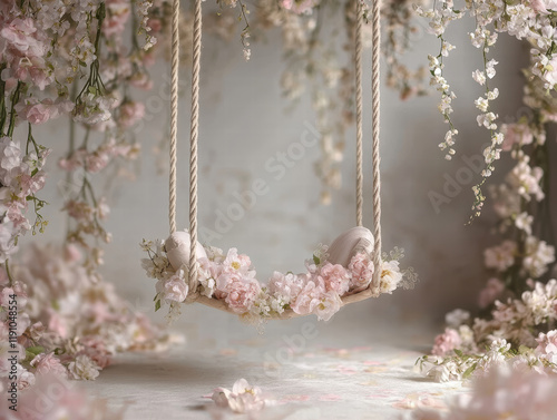Empty newborn digital swing background hanging decorated with flowers