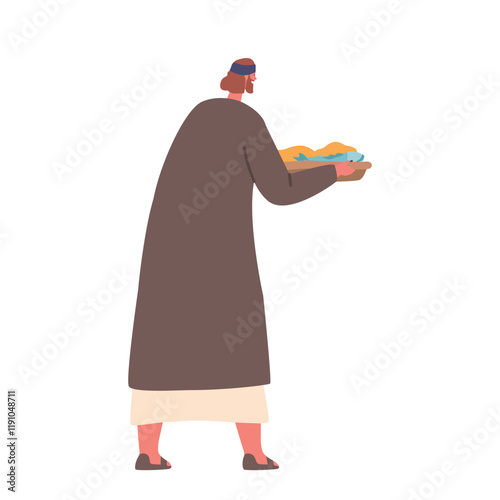 Follower of Jesus Holds Tray with Bread and Fish. Believing Man Gives Food to Hungry People. Cartoon Vector Illustration