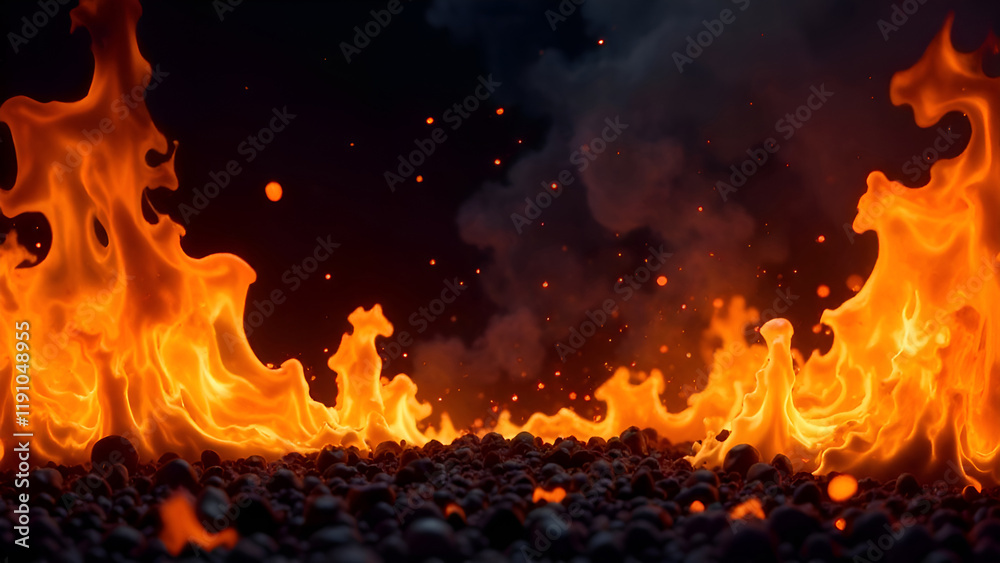 There is an immense amount of bright fire erupting from the ground as it is dark outside, creating an intense and vivid sight