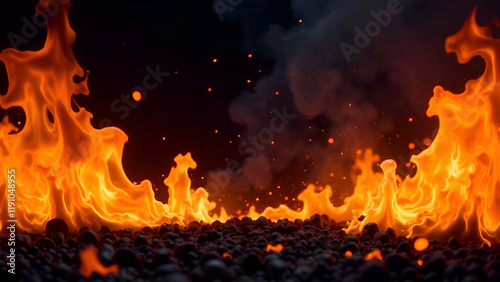 Obraz na płótnie There is an immense amount of bright fire erupting from the ground as it is dark outside, creating an intense and vivid sight w salonie