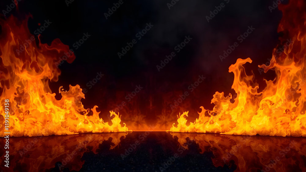 There is an immense amount of bright fire erupting from the ground as it is dark outside, creating an intense and vivid sight