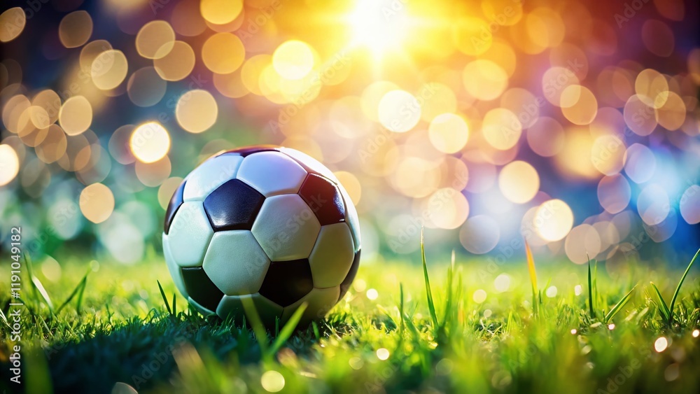 Fototapeta premium Soccer Ball on Lush Green Grass with Bokeh Background - Stock Photo