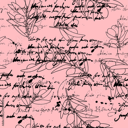 Unreadable text seamless pattern olives branch, retro vintage