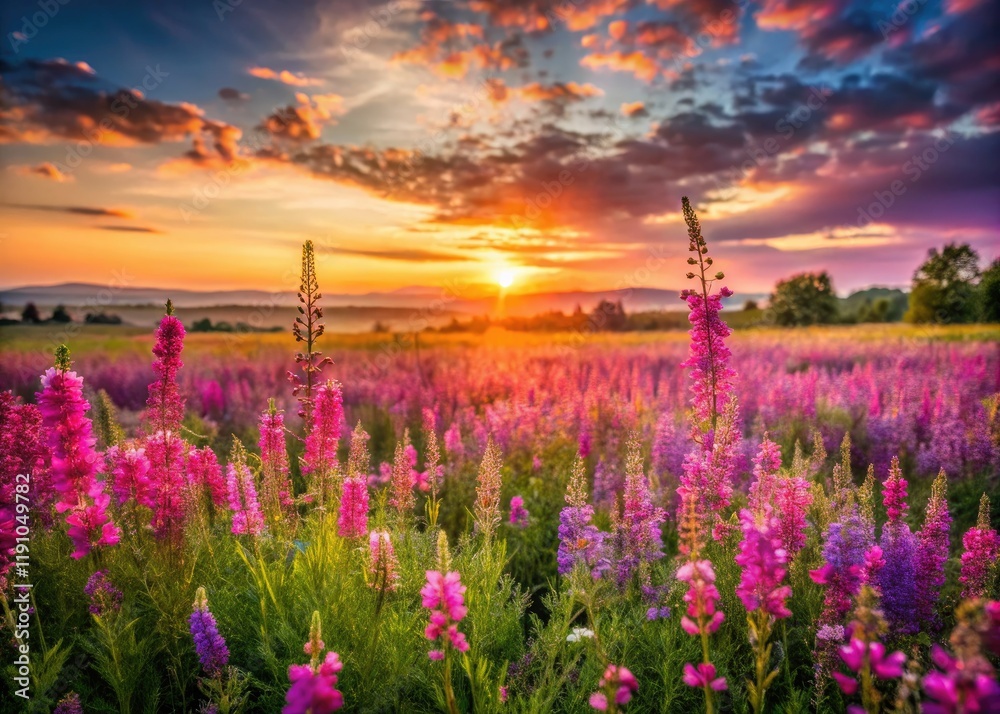 Obraz premium Sunrise paints a delicate pink and purple blossom field, a spring meadow dreamscape.