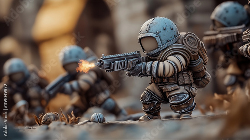 high action war game scene with soldiers in combat gear, showcasing intense battle photo