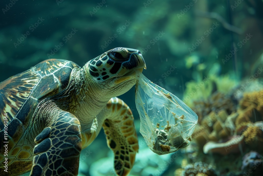 Fototapeta premium Sea turtle with plastic underwater