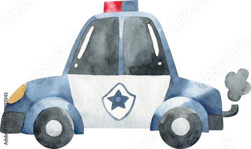 Wallpaper Mural Watercolor illustration of a cute blue police patrol car. Transportation for kids. Police station. Emergency. Police illustration for children. Cute emergency vehicle. Patrol car. Isolated on white. Torontodigital.ca