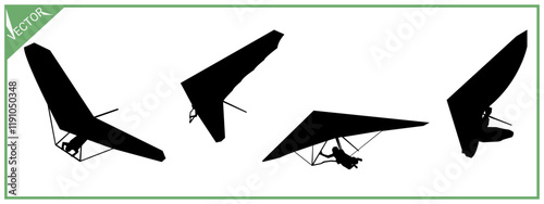 Silhouette hang gliding. Set, Different poses.