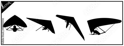 Silhouette hang gliding. Set, Different poses.