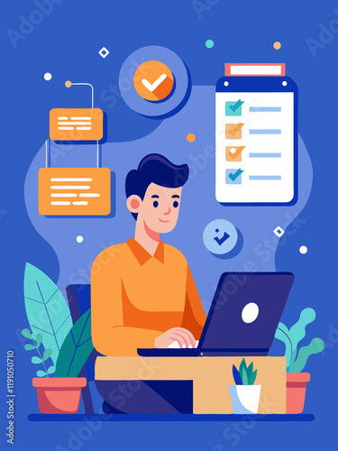 AI Generated image of a young man at a desk with a laptop, organizing customer feedback from digital surveys