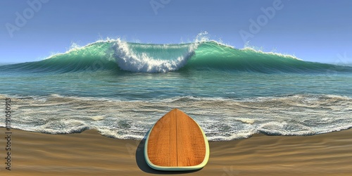 Surfboard on Beach with Ocean Waves in Background - Ideal for Summer and Adventure Themes photo