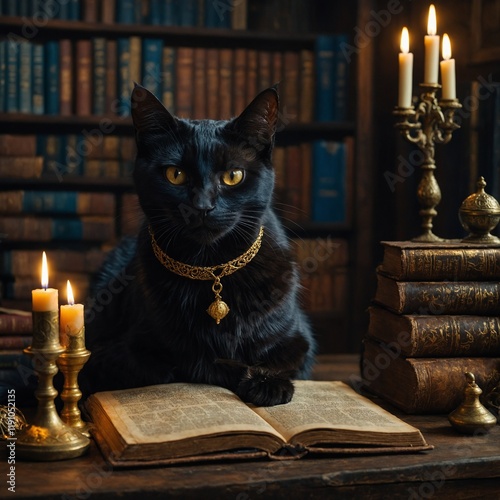 A black cat eating from a golden chalice in a wizard’s study filled with spellbooks and glowing potions. photo