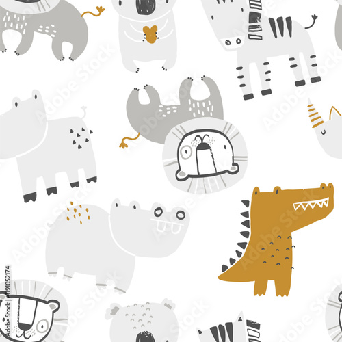Vector seamless pattern with tropical animals. Print for kids with African animals. Koala, lion, zebra, rhino, crocodile, hippo. Hand drawn jungle texture for fabric, children's clothes, textiles.