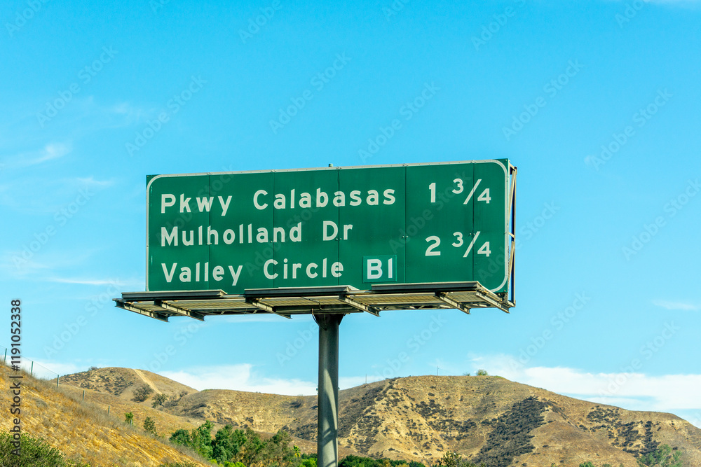 Calabasas and Mulholland Drive exit sign in California