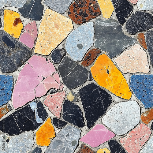 Vibrant terrazzo mosaic with colorful polished stones and detailed speckled textures in a seamless pattern