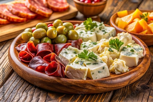Spanish Tapas Platter with Potato Salad, Cheese & Cold Cuts - Delicious Food Photography