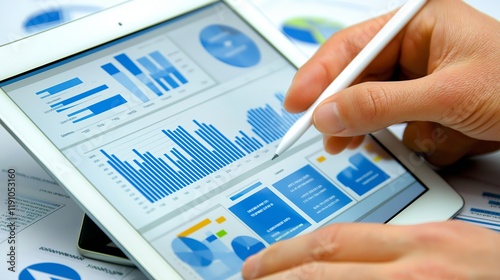 Hands analyzing data on tablet with stylus in business environment
