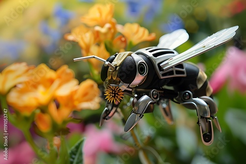 A meticulously crafted steampunk bee robot, metallic silver and black, hovers near bright orange and pink flowers. Detailed gears and a realistic beelike body are showcased against a blurred floral  photo