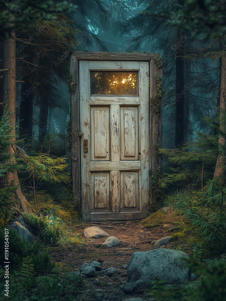 Fototapeta premium Mysterious Forest Door with Warm Light Glow