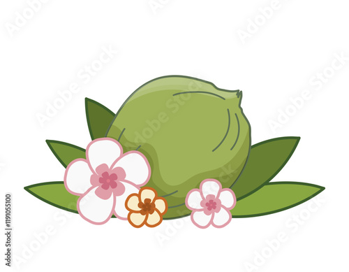 Refreshing tropical green Coconut with lay on green leaves and Hawaiian pink and yellow flowers for summer enjoyment. Isolated vector illustration.