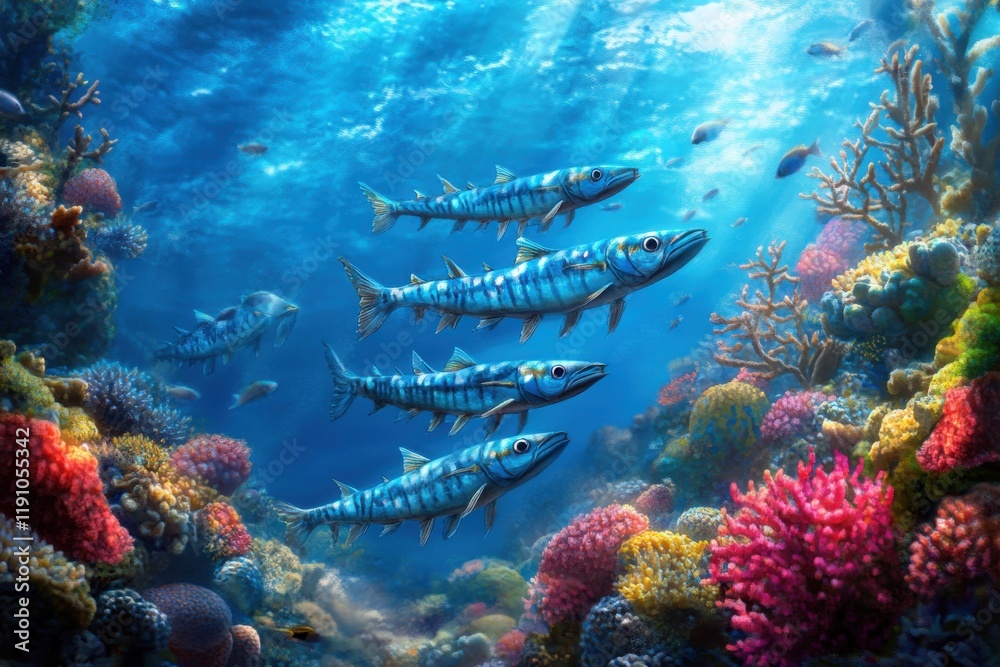Fototapeta premium Vibrant coral reef with hunting barracuda in dramatic lighting