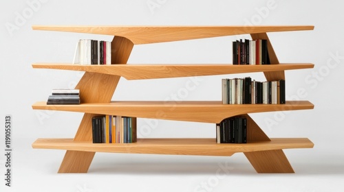 Modern, asymmetrical wooden bookshelf with books arranged on its slanted shelves photo